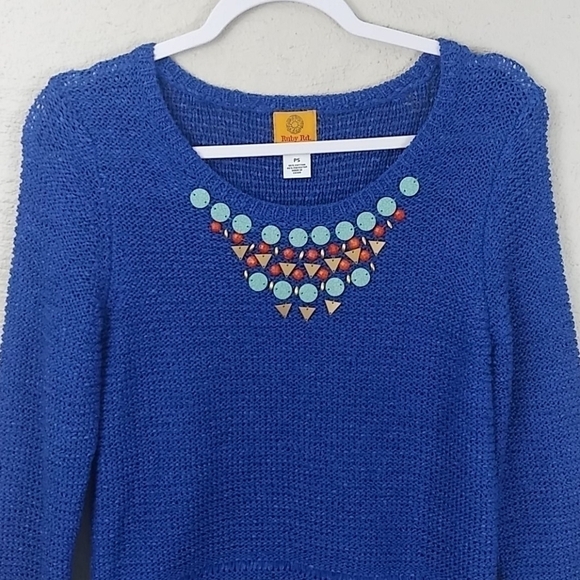 RUBY Rd. Petite Blue Beaded Embellished Scoop Neck Long Sleeve Knit Sweater - Picture 3 of 8